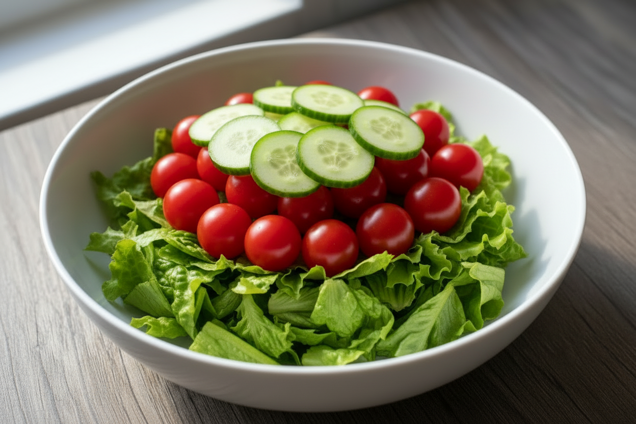 a lettuce base, with cherry tomatoes on top, and cucumber slices on top