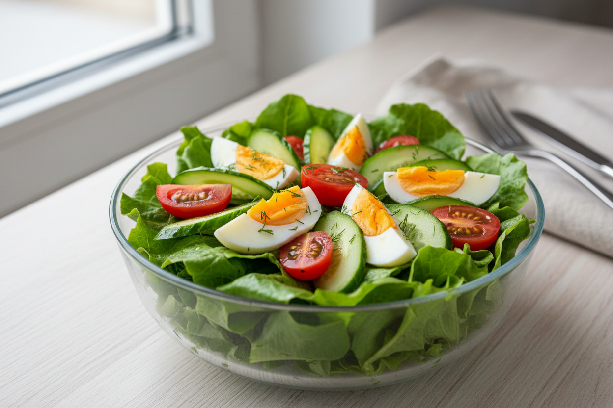 make me a salad that has a lettuce base but on top has cucumber slices, cherry tomatoes and hard boiled egg slices