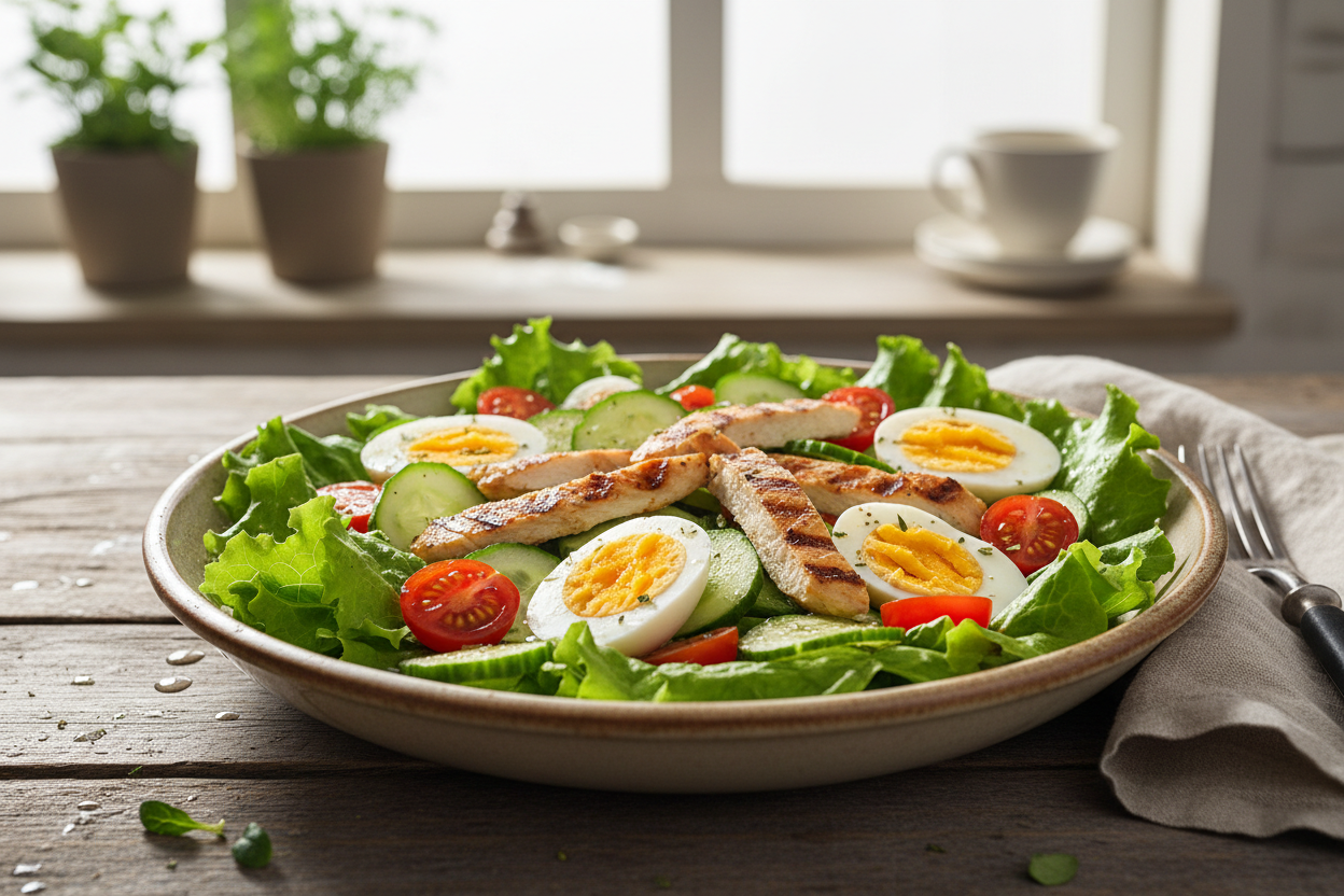 make me a salad that has a lettuce base, but on top of the salad is cucumber slices, cherry tomatoes, chicken and hard boiled eggs