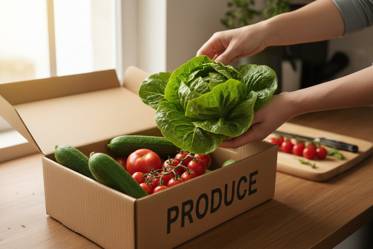 not holding the cucumber, but holding the head of lettuce